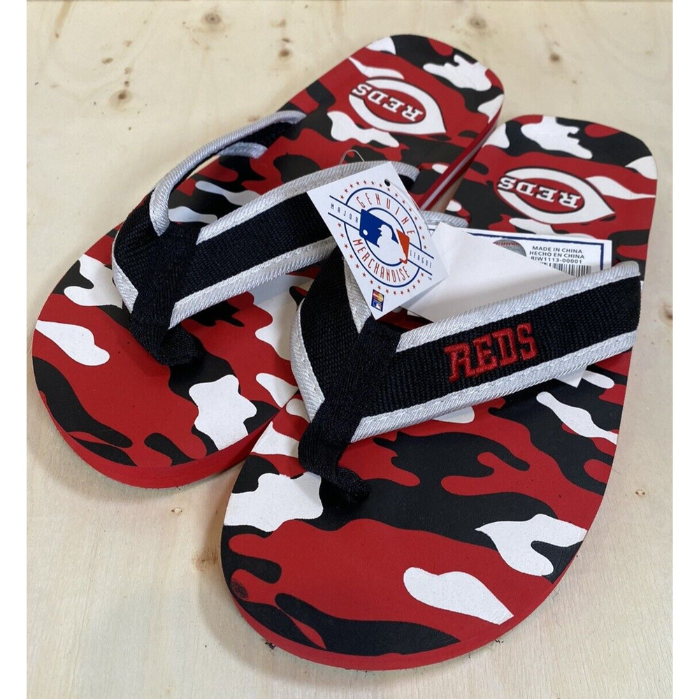 Cincinnati Reds Sewn Team Name Logo Flip Flops Red Black Camo New Mens Sz M 8-9